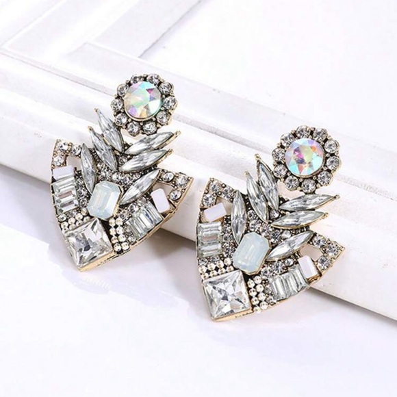Ornate Triangle Crystal Earrings - Blue - Picture 2 of 6